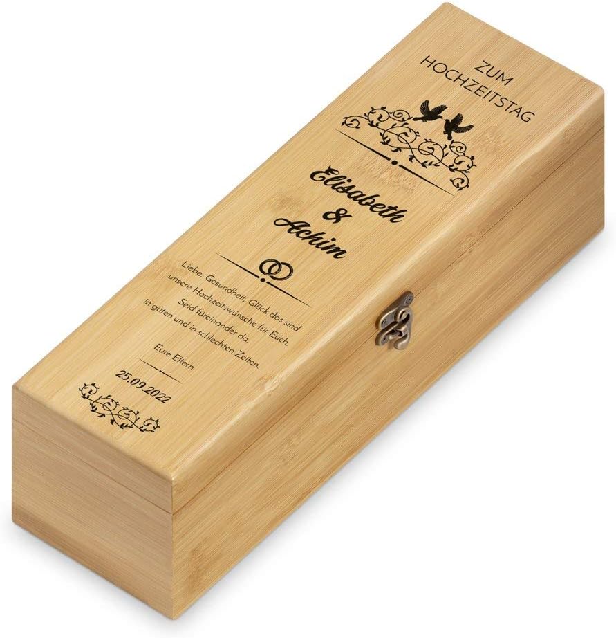 Maverton Weinbox für 0,7L Weinflasche - Wein Holzbox personalisiert + 4er Weinzubehör - Weinset Wein