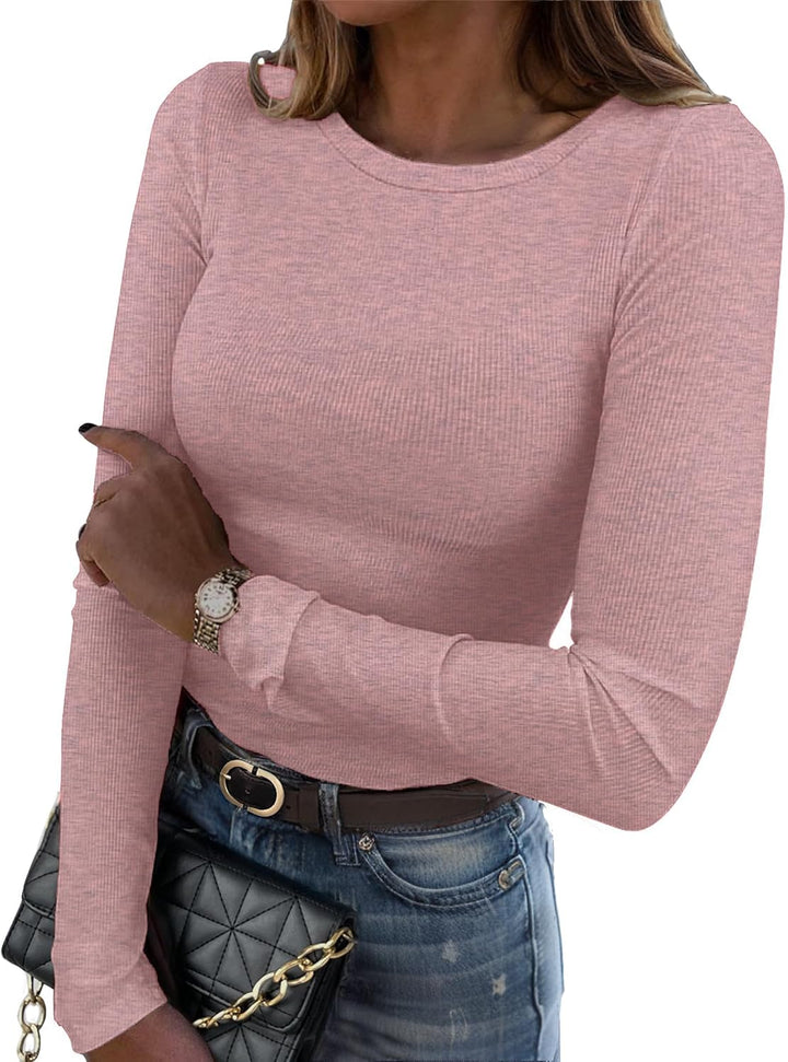 DUOEASE Langarmshirt Damen Rundhal Pullover Elegant Langarm Oberteile Rippshirt Tshirts Basic Tops X