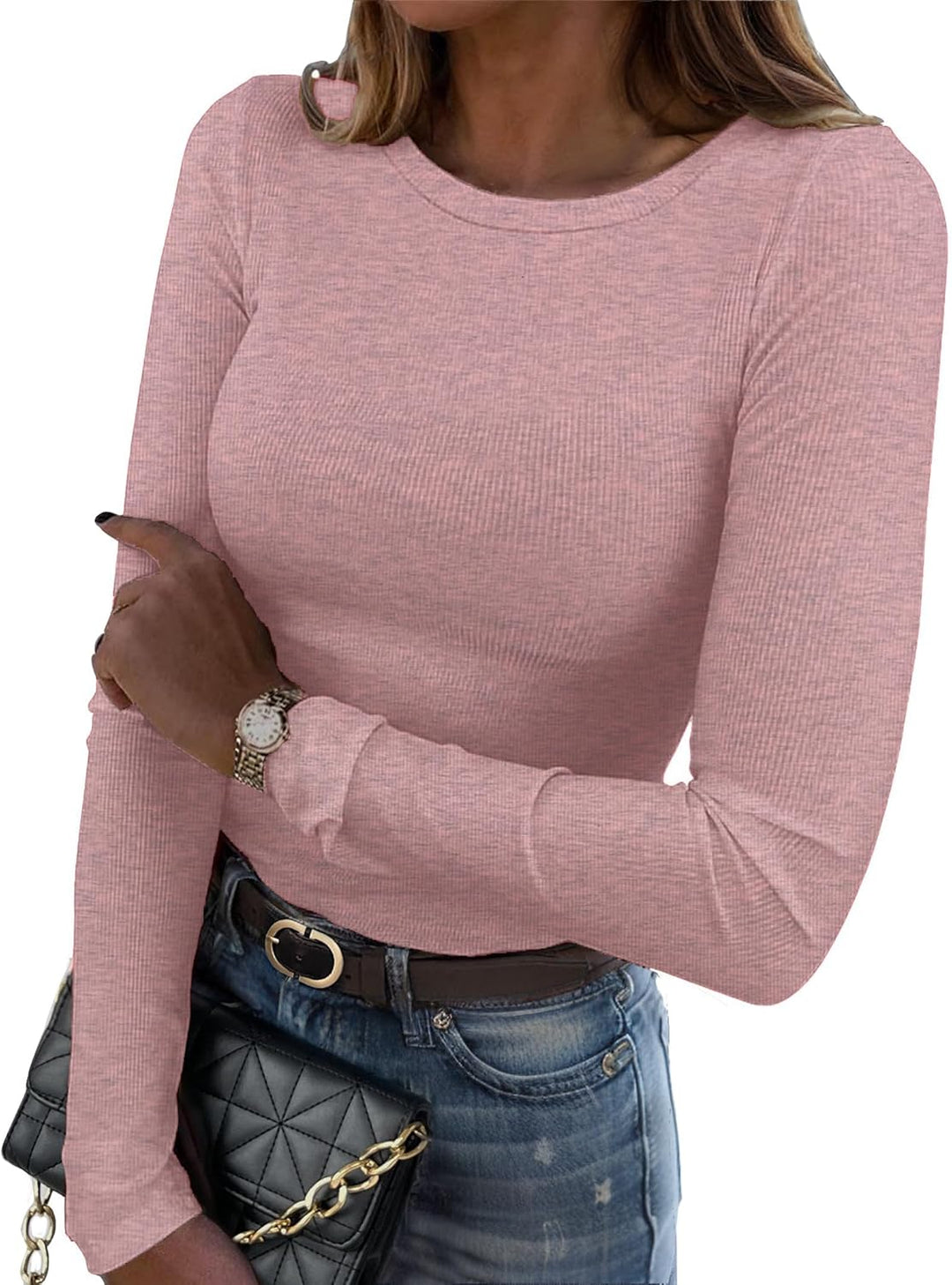 Langarmshirt Damen Rundhal Pullover Elegant Langarm Oberteile Rippshirt Tshirts Basic Tops L B-rosa,