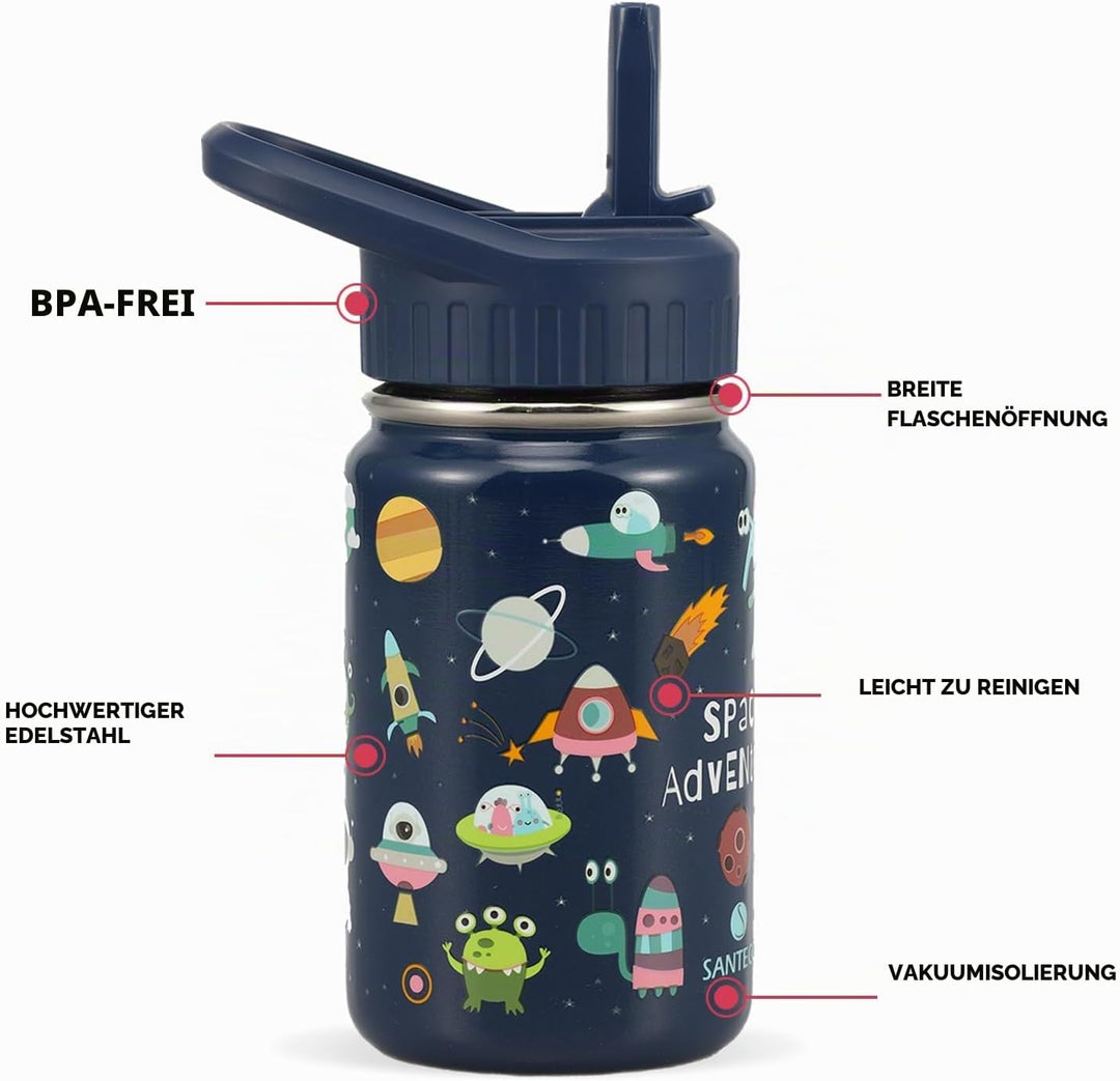 SANTECO Trinkflasche Kinder Edelstahl 350ml mit Strohhalm Auslaufsicher - Kinder Thermosflasche BPA-