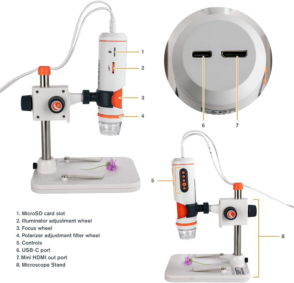 Celestron 44316 MicroDirect 1080P HDMI digitales Hand-Mikroskop, 10- bis 220-fache Vergrösserung, Gr
