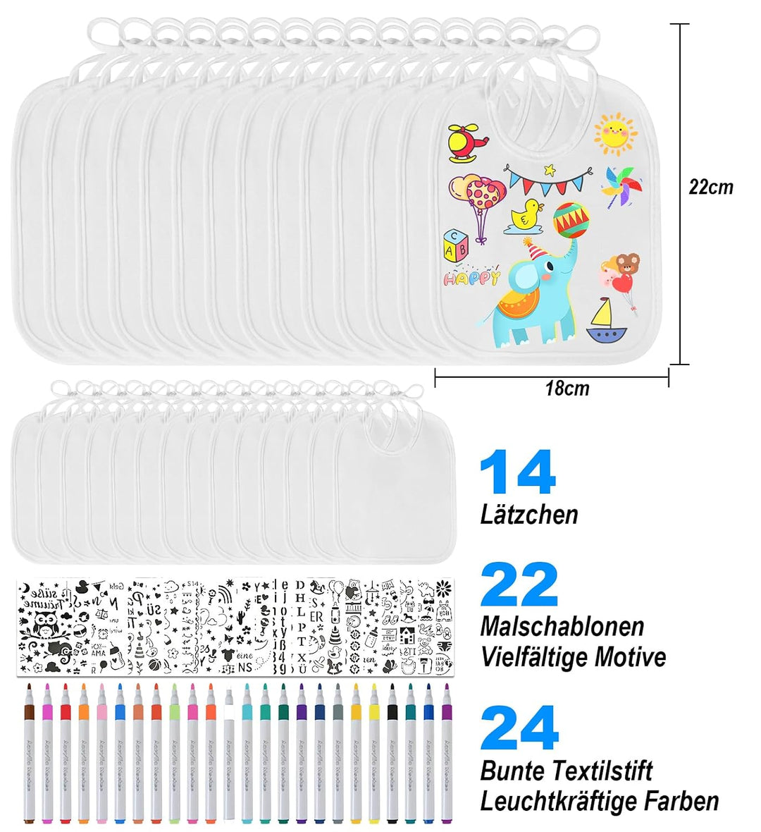 Faburo 14 Stück Lätzchen zum Bemalen, Babyparty Spiele Set mit Baby Lätzchen (18 * 22cm)+22 Malen Sc