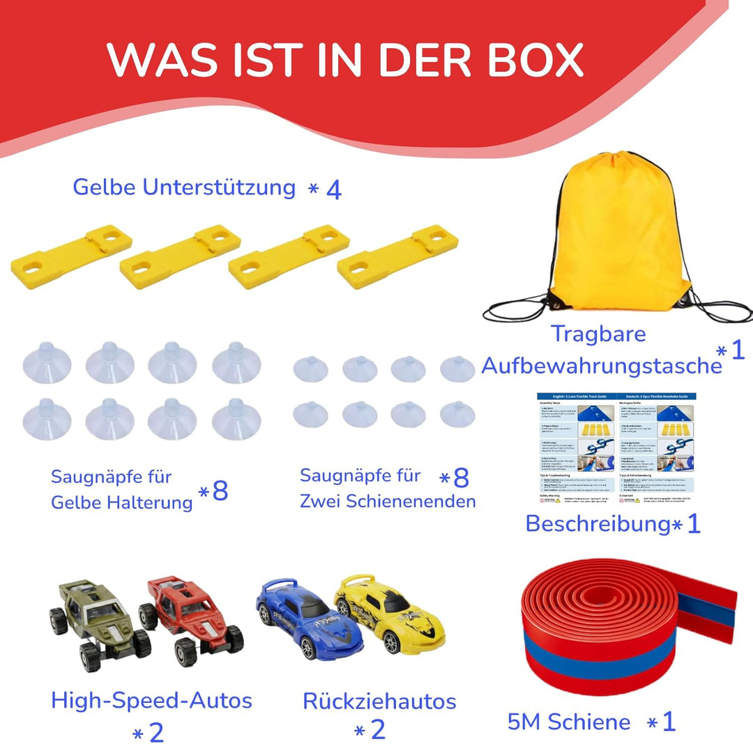 3-Spur Flexible Autorennbahn Set mit 2 Loopings (5M), Rennbahn mit Autos & Tragtasche, Schwerkraft &