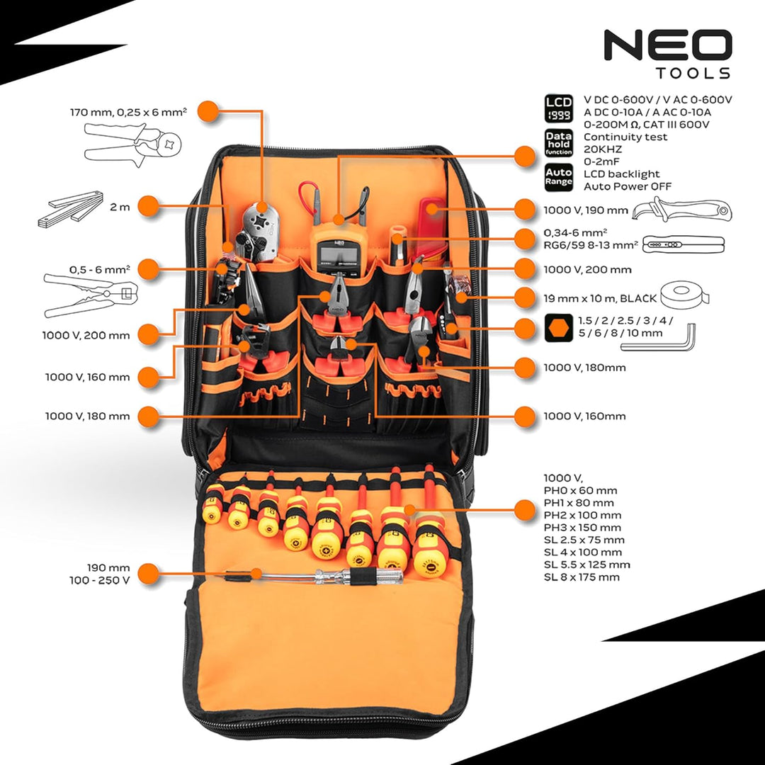 NEO TOOLS Elektriker Werkzeugrucksack 31-tlg. - mit Werkzeugen für einen Elektriker | 26 Taschen, Mo