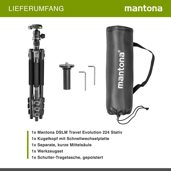 Mantona DSLM Travel Evolution 224 - leichtes Allround Reisestativ mit Vollausstattung, 360° Panorama