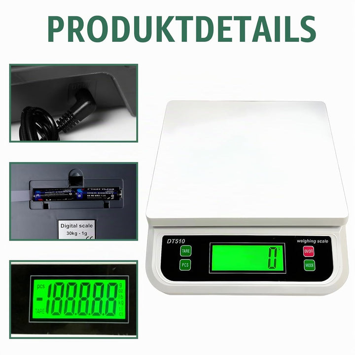 Waage Küchenwaage: 30kg/1g Küchenwaage digital, Food Scale mit LCD-Display Digitalwaage mit 6 Einhei