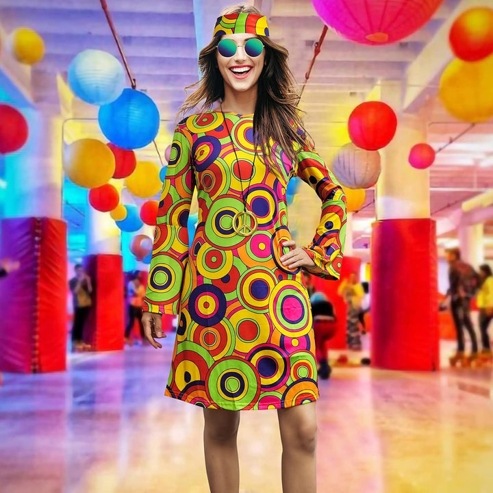 Damen-Hippie-Kleid, 1970er-Kostüm, mit Halskette, Ohrringen, Sonnenbrille, Disco-Outfit, 1960er-Part