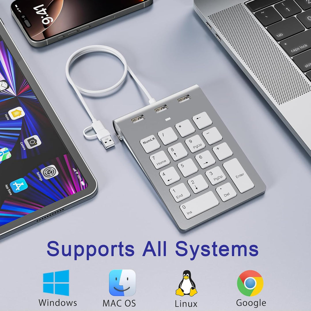 USB C/USB A Numeric Keypad Wired, Ziffernblock Ergonomischer Mini Nummernblock mit 3 USB 2.0 Ports,