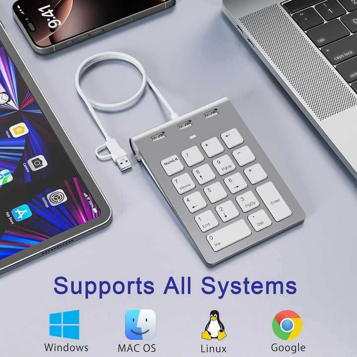 USB C/USB A Numeric Keypad Wired, Ziffernblock Ergonomischer Mini Nummernblock mit 3 USB 2.0 Ports,
