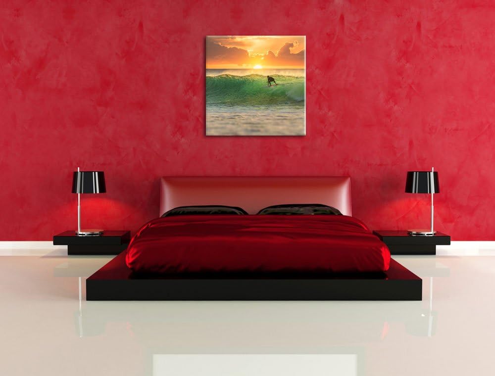Pixxprint Surfen im Sonnenuntergang Wellenreiten, Format: 70x70 auf Leinwand, 70x70