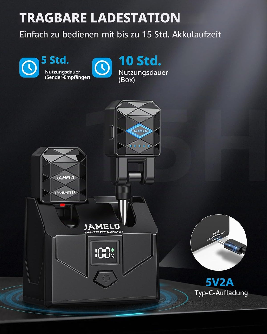 JAMELO Kabelloses Gitarrensystem mit Ladekoffer, Gitarrensender Empfänger, wiederaufladbares Gitarre