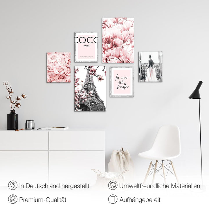 Novart Wandbilder Set Fashion Coco Paris Grau Rosa - KEIN EXTRA RAHMEN BENÖTIGT - Modern Deko - Wohn