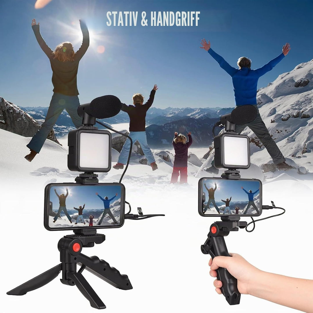 Andoer Smartphone Vlog Kit Mini LED Videoleuchte + Nierenmikrofon + Ausziehbarer Telefonclip + Stati