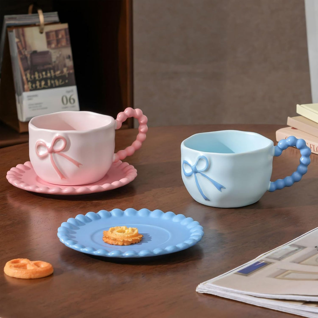 350 ML Blau Schleife Kaffeebecher Cute Mug Porzellan Kaffee Tee Tasse Keramik Tasse mit Schleife und