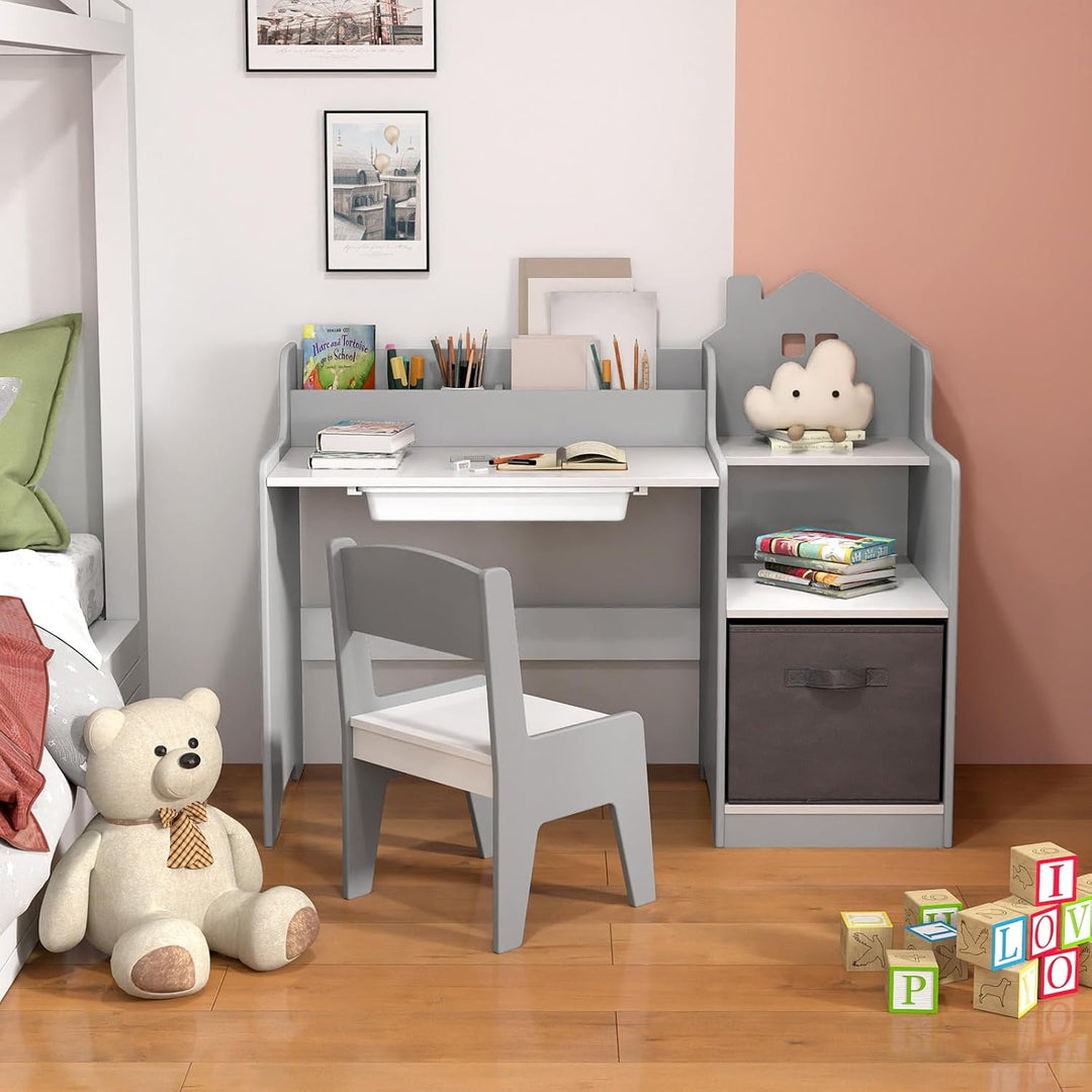 FANTASK Kinder Schreibtisch Set, Schülerschreibtisch mit Schublade, offenen Regalen & Stoffbehälter,
