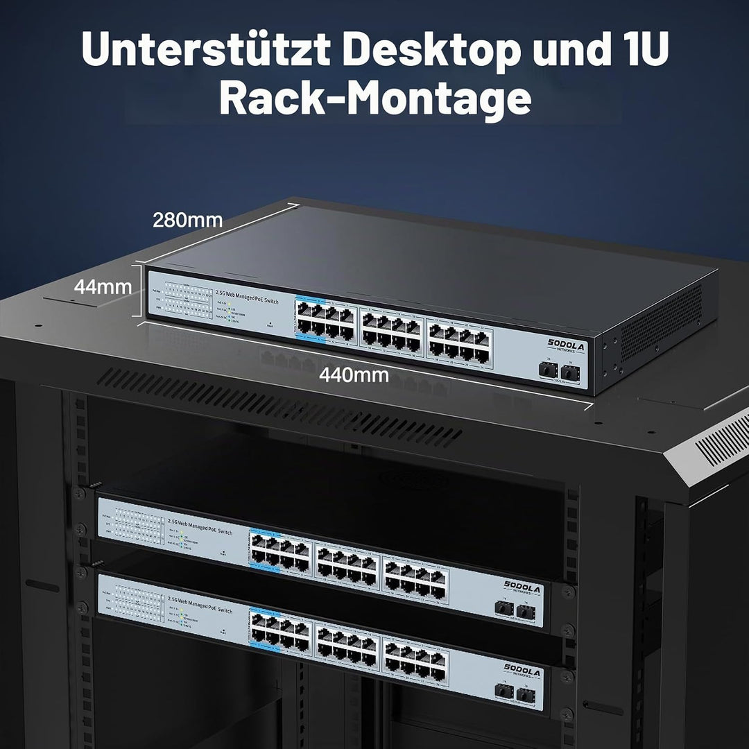 SODOLA 24-Port 2,5Gbit PoE+ Switch – Smart Managed mit 2x10G SFP+, 500W Gesamtleistung &amp; 1U-Rackmont