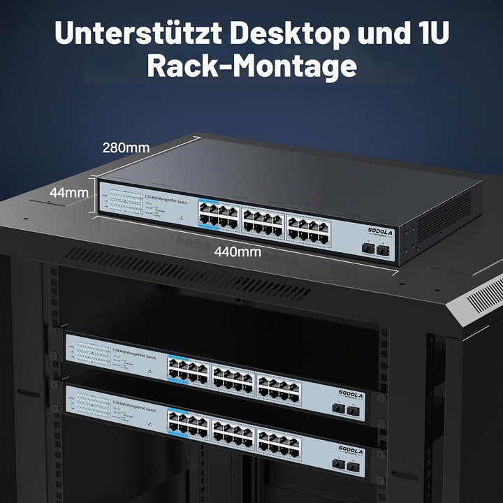 SODOLA 24-Port 2,5Gbit PoE+ Switch – Smart Managed mit 2x10G SFP+, 500W Gesamtleistung &amp; 1U-Rackmont