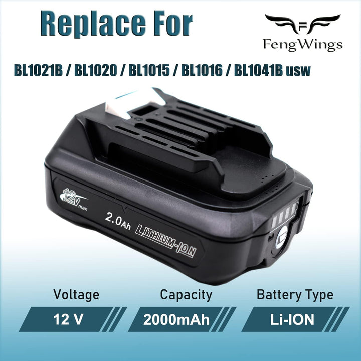FengWings® BL1021B 2.0Ah Akku 2X Mit Ladegerät DC10WD DC10SB, Kompatibel mit Makita 12V Akku BL1016