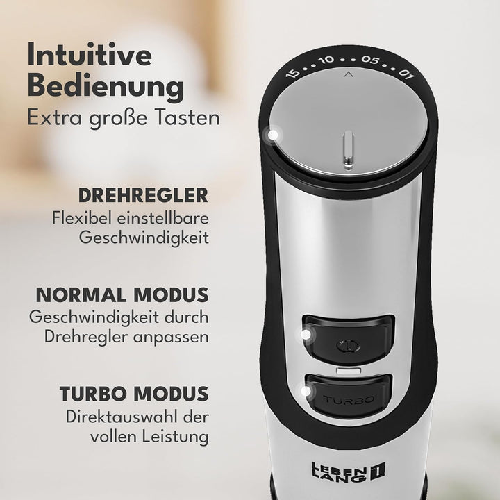 LEBENLANG 1200W Stabmixer Edelstahl - Inkl. 800ml Messbecher & Spritzschutz I Stufenlos verstellbar