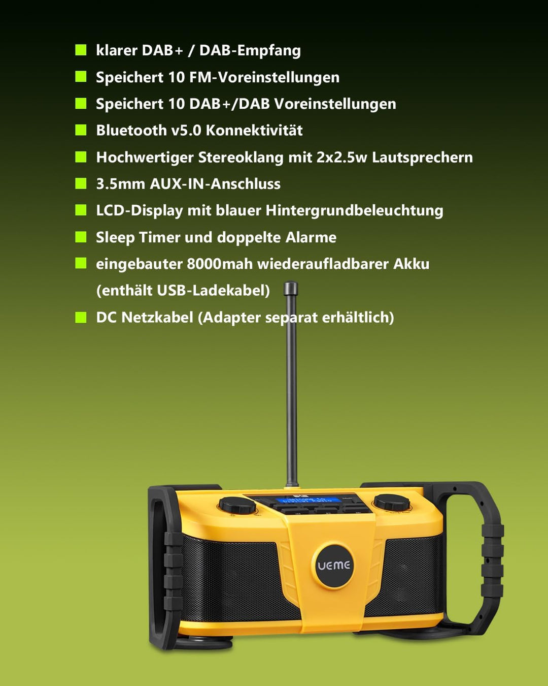 UEME DAB Plus Radio Baustellenradio Mit Akku,Outdoor Radio Mit Bluetooth, DAB+, FM Und Aux, Inklusiv