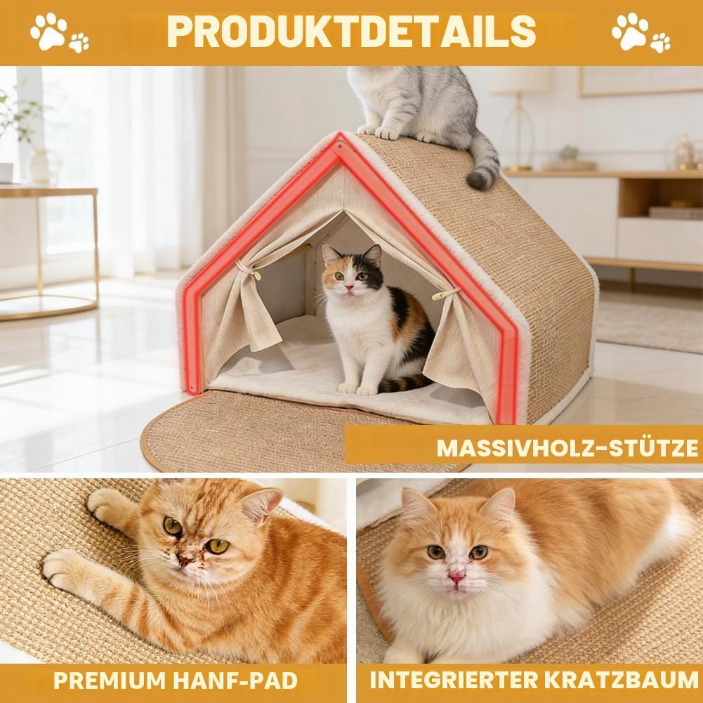 Katzenhaus mit Sisal Kratzbrett, 2-in-1 Holz Katzenzelt, Indoor Katzenhöhle für 2 Katzen, Atmungsakt