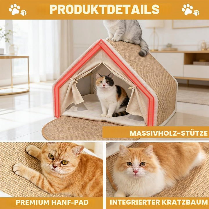 Katzenhaus mit Sisal Kratzbrett, 2-in-1 Holz Katzenzelt, Indoor Katzenhöhle für 2 Katzen, Atmungsakt