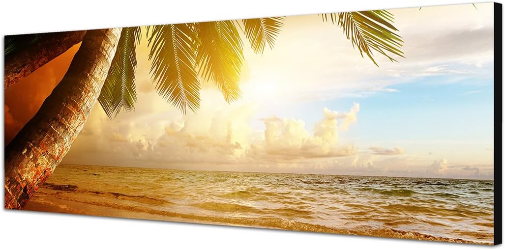 Paul Sinus Art Panoramabild auf Leinwand und Keilrahmen 150x50cm Karibik Strand Meer Palmen Sonnenau