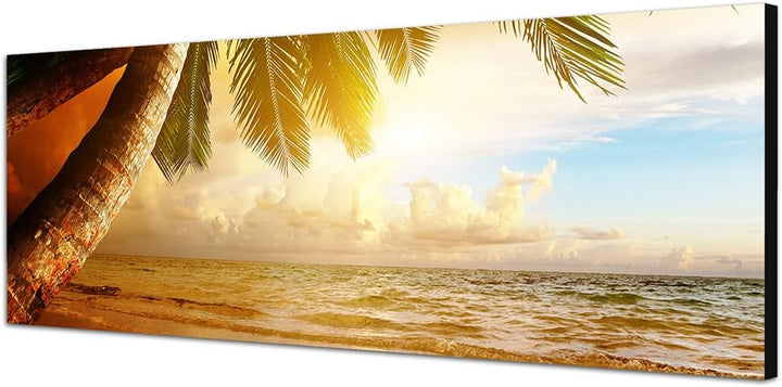 Paul Sinus Art Panoramabild auf Leinwand und Keilrahmen 150x50cm Karibik Strand Meer Palmen Sonnenau