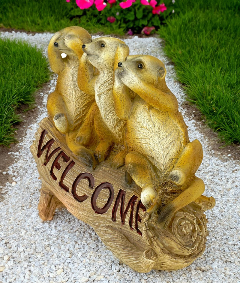 Kremers Schatzkiste Erdmännchen 3 Weisen als Welcome Schild Figur Gartenfigur 24 cm Meercat Tierfigu