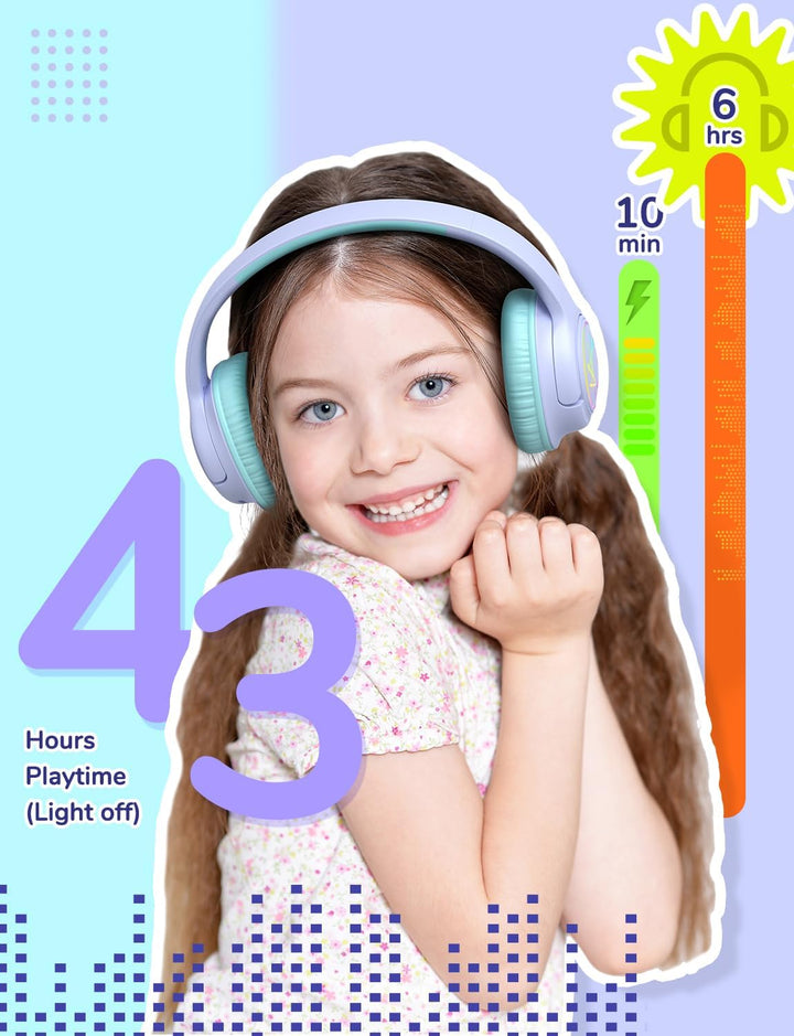 iClever Bluetooth kopfhörer Kinder mit LED-Leuchten, 74/85/94dB Lautstärkebegrenzung, 43 Stunden Spi