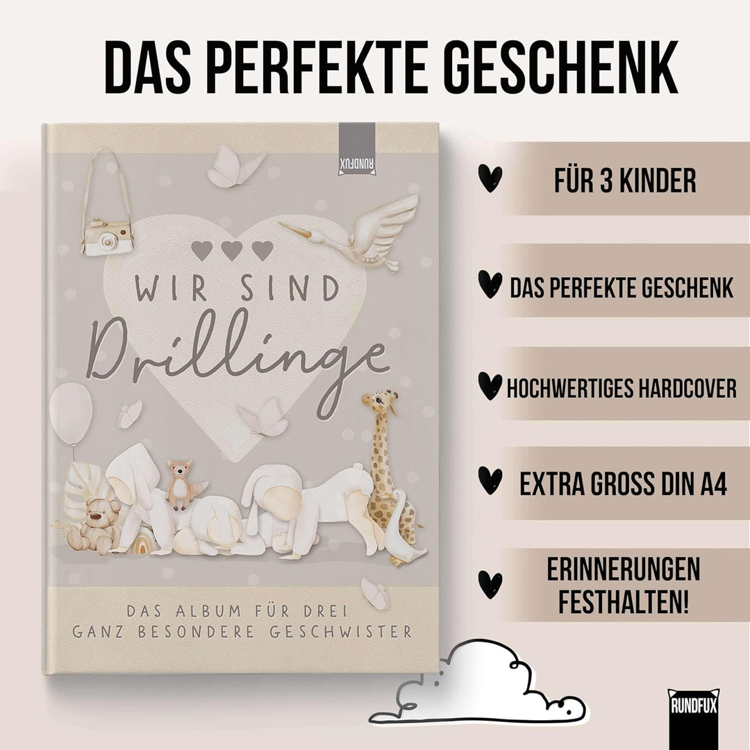 Erinnerungsalbum für Drillinge – Boho Babyalbum DIN A4 | 64 Seiten | Hardcover in Beige & Braun | Ge