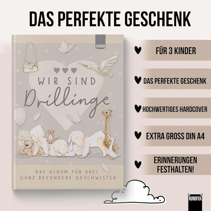 Erinnerungsalbum für Drillinge – Boho Babyalbum DIN A4 | 64 Seiten | Hardcover in Beige & Braun | Ge