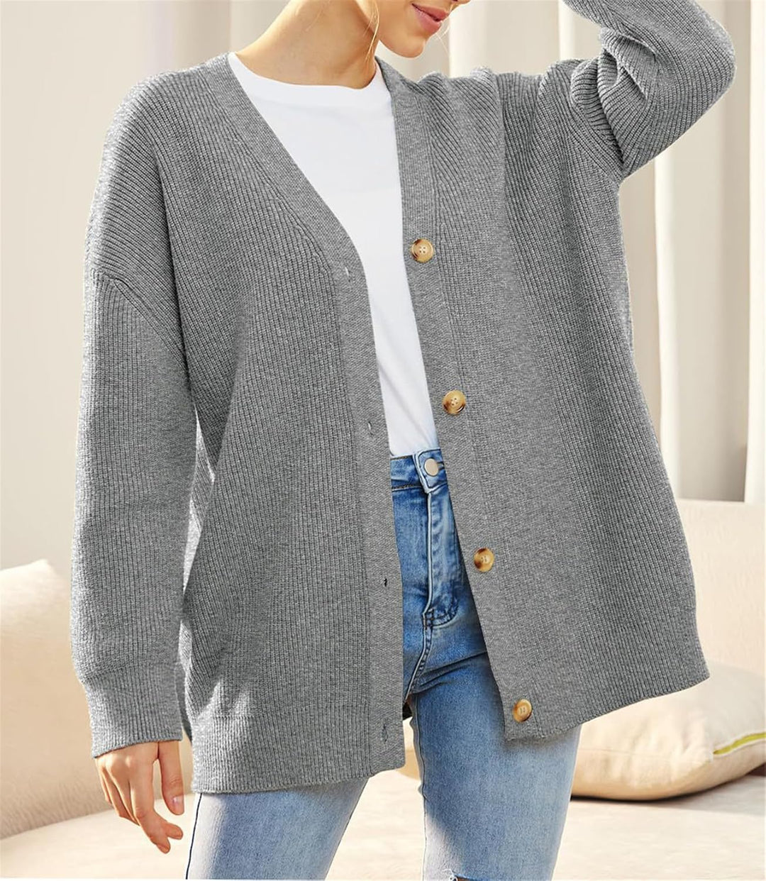 MorFansi Damen Strickjacke Strick Outwear V-Ausschnitt Vorne Offen Leicht Lockere Pullover mit Knöpf