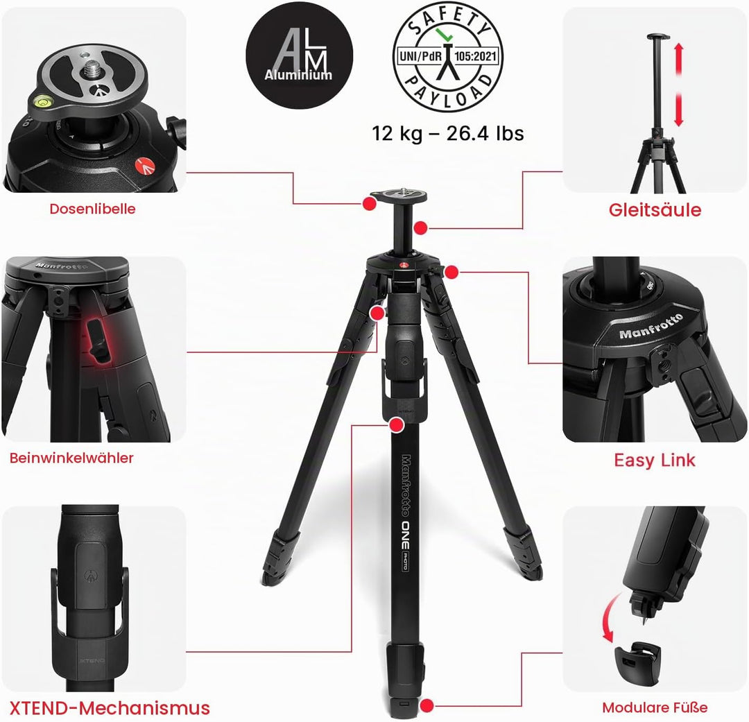 Manfrotto ONE Photo, Aluminium-Stativ,12 kg Tragkraft, 90° Horizontalsäule, XTEND-Beine für schnelle