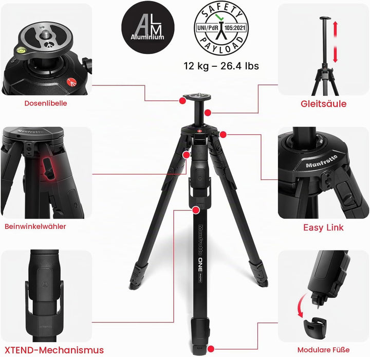Manfrotto ONE Photo, Aluminium-Stativ,12 kg Tragkraft, 90° Horizontalsäule, XTEND-Beine für schnelle