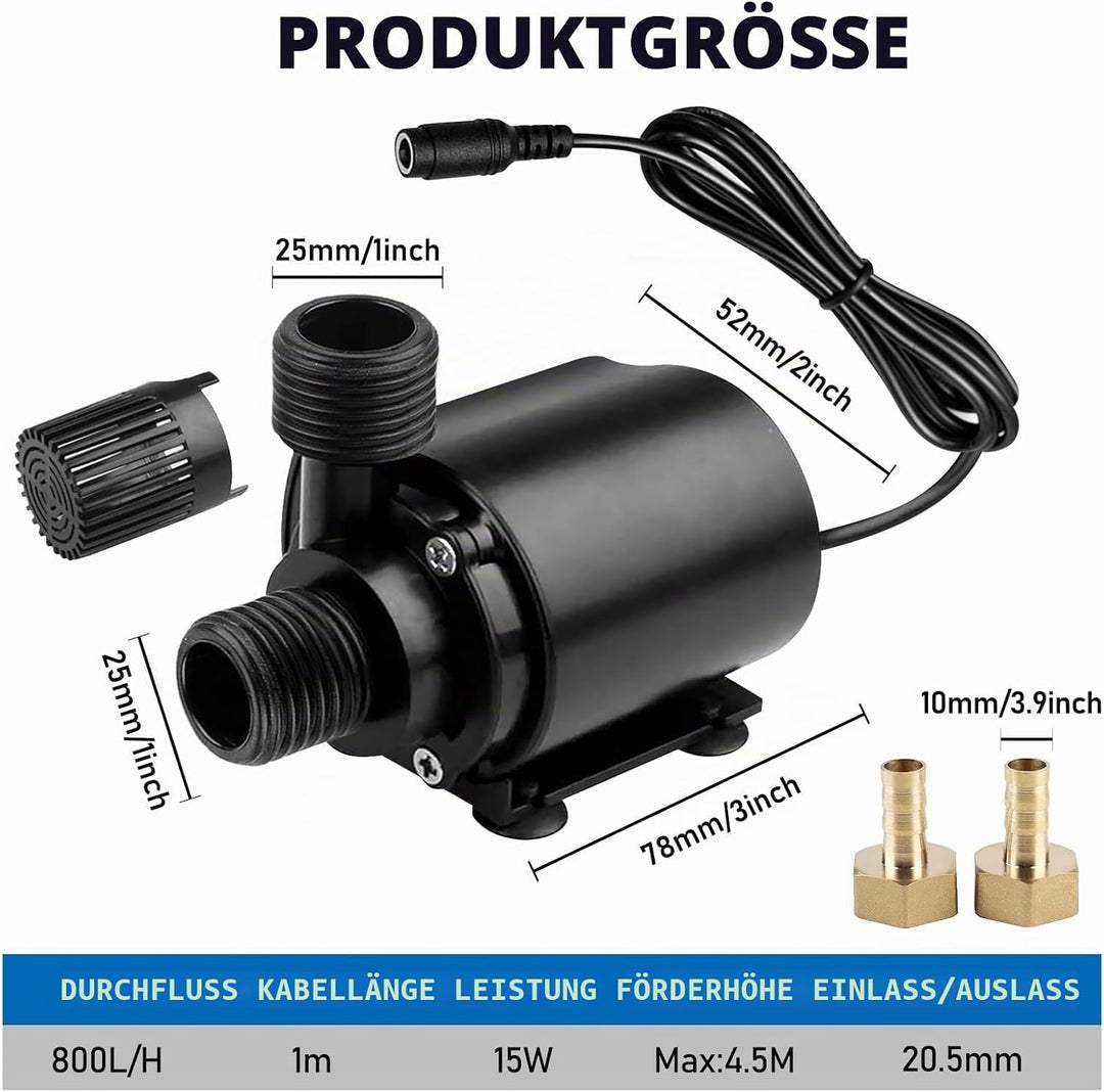 Wasserpumpe 12V, 800l/H 5m Tauchpumpe Brushless Mini Aquarium Pumpe, Springbrunnenpumpe für Teich Ga