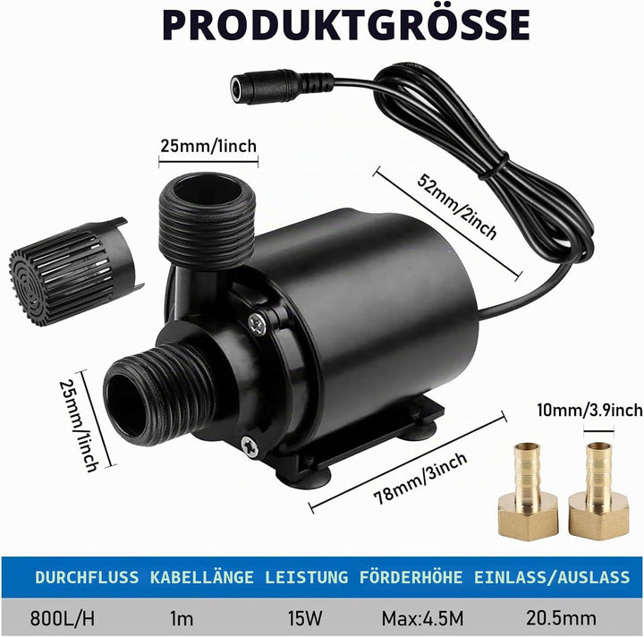 Wasserpumpe 12V, 800l/H 5m Tauchpumpe Brushless Mini Aquarium Pumpe, Springbrunnenpumpe für Teich Ga