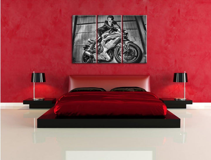 Pixxprint Sexy Neon grünes Bike mit Model 3Teiler 120x80 cm Leinwandbild Wandbild Kunstdruck