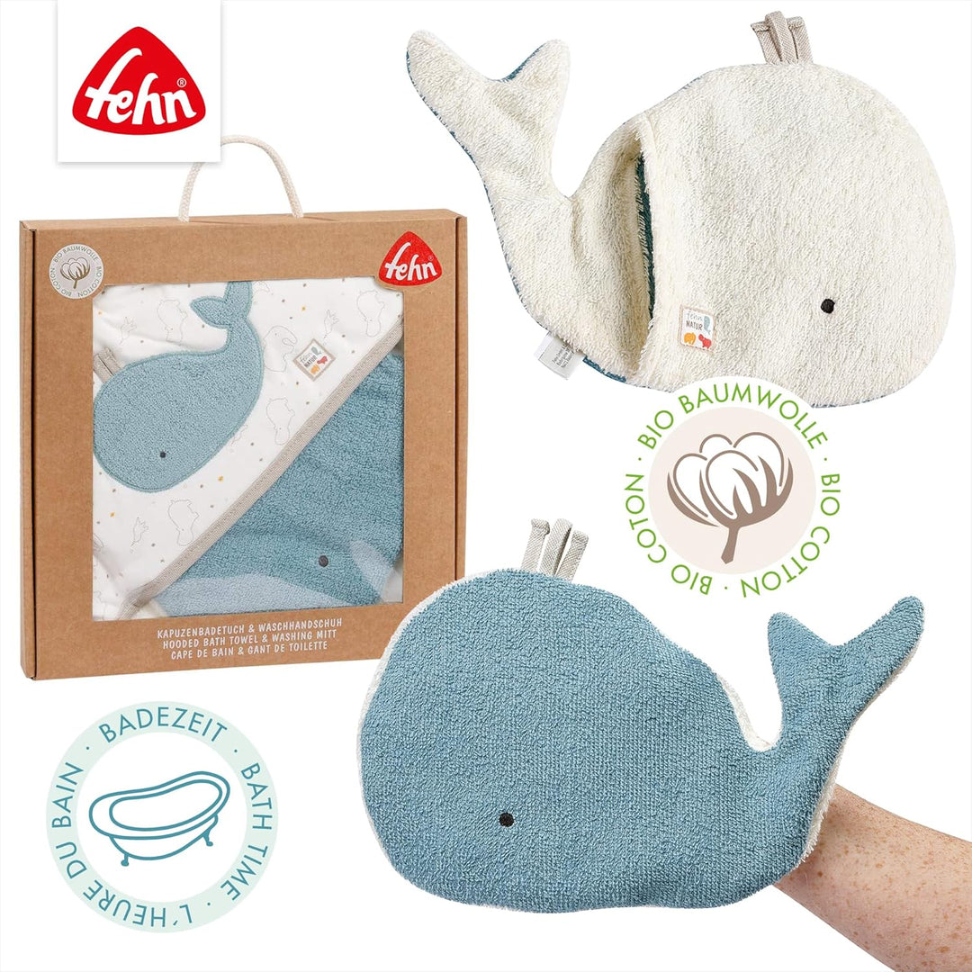 Fehn Baby Wal Badetuch & Waschhandschuh Bade-Set - Kapuzenhandtuch mit süssem Wal - Kinder Poncho au