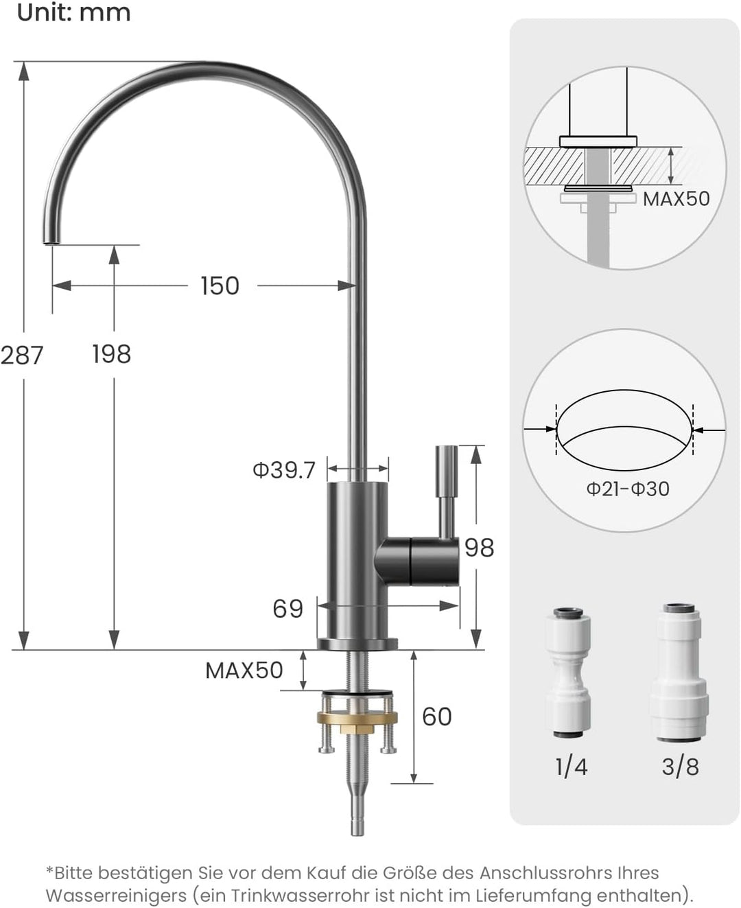Trinkwasserhahn, Wasserhahn Küche Für Umkehrosmose Oder Wasserfiltersystem, Küchenarmatur Aus Edelst
