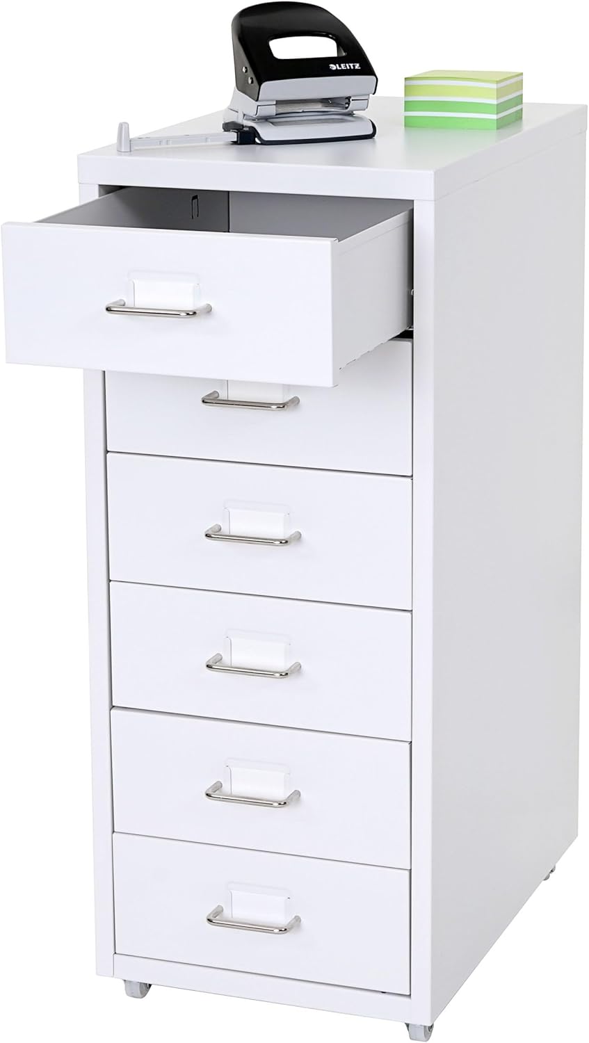 PROREGAL Rollcontainer Housten HxBxT 69x28x41cm 6 Schubladen Weiss Schubladenschrank Stahlschrank 6