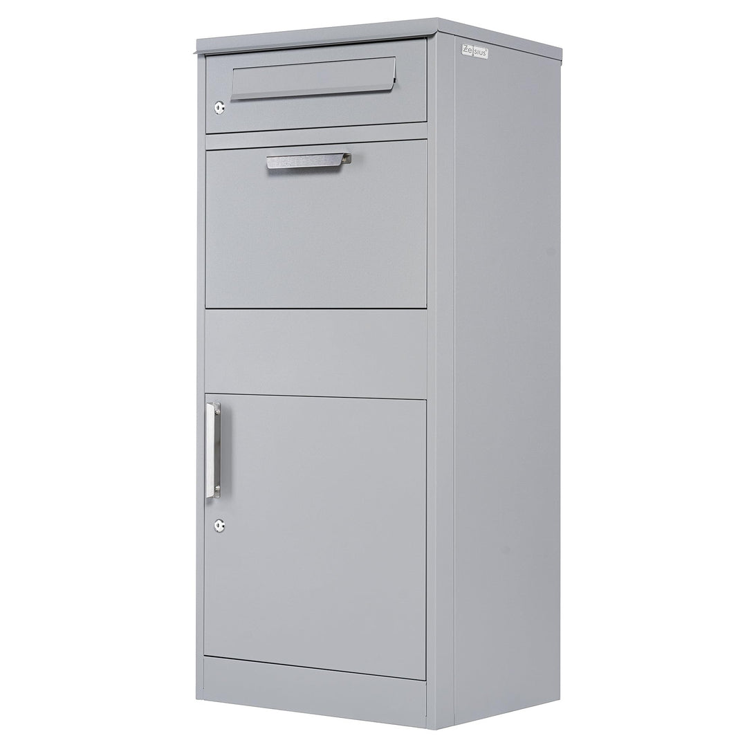Zelsius Paketbriefkasten | RAL9007 Grau | verzinkter pulverbeschichteter Stahl mit Edelstahl Element