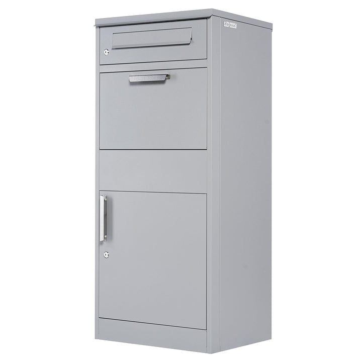 Zelsius Paketbriefkasten | RAL9007 Grau | verzinkter pulverbeschichteter Stahl mit Edelstahl Element