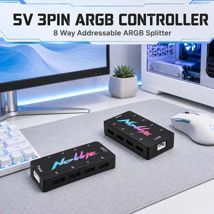 ARGB Controller, ZMCVOE 8-Port RGB Controller PC mit 2 SATA Kabel, 5V 3PIN PC-Beleuchtungs-Hub, ARGB