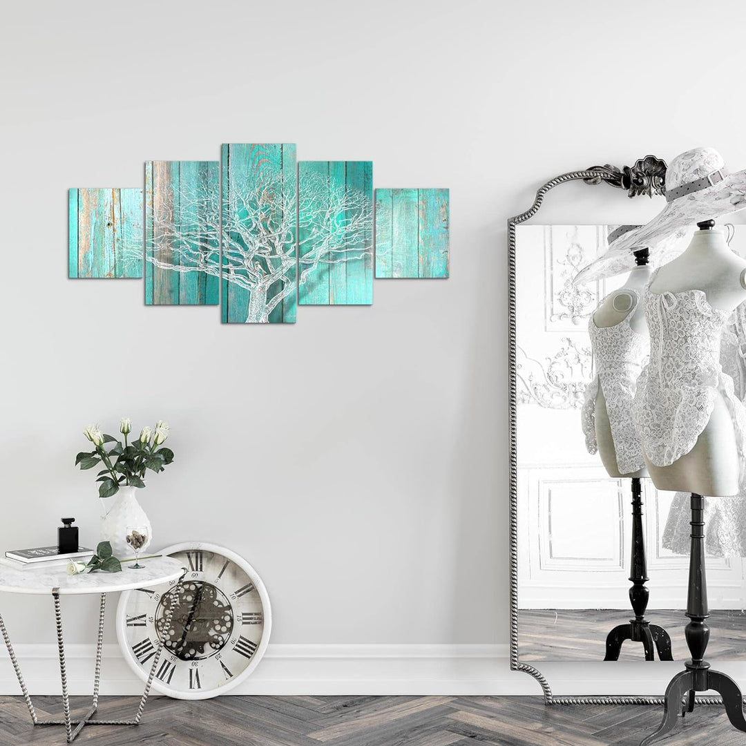 Runa Art Wandbilder Baum Abstrakt 5 Teilig Bild auf Vlies Leinwand Deko Wohnzimmer Holzmotiv Türkis