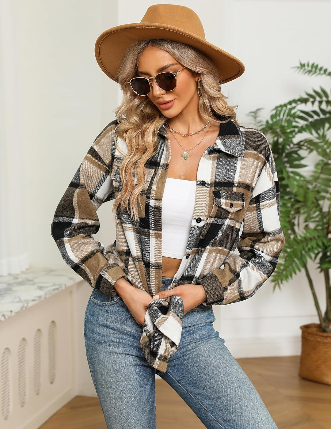 Zeagoo Damen Hemdjacke Karierte Jacke Langarm Shacket Mantel Flanell Jacke Hemdbluse mit Knöpfen Bra
