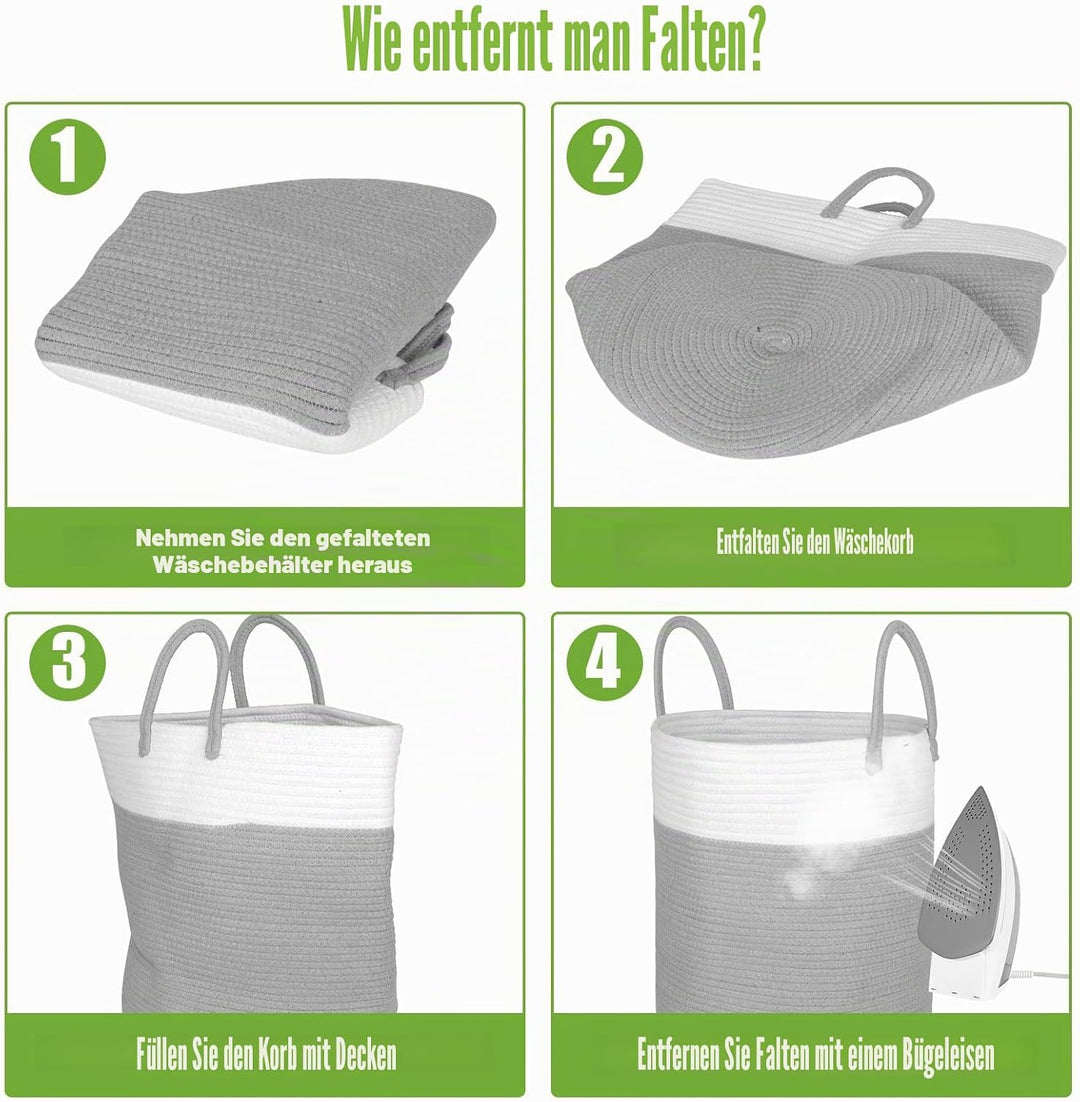 Wäschekorb Geflochten aus Baumwolle, 66L Wäschesammler Gross mit Henkel, Laundry Basket Aufbewahrung
