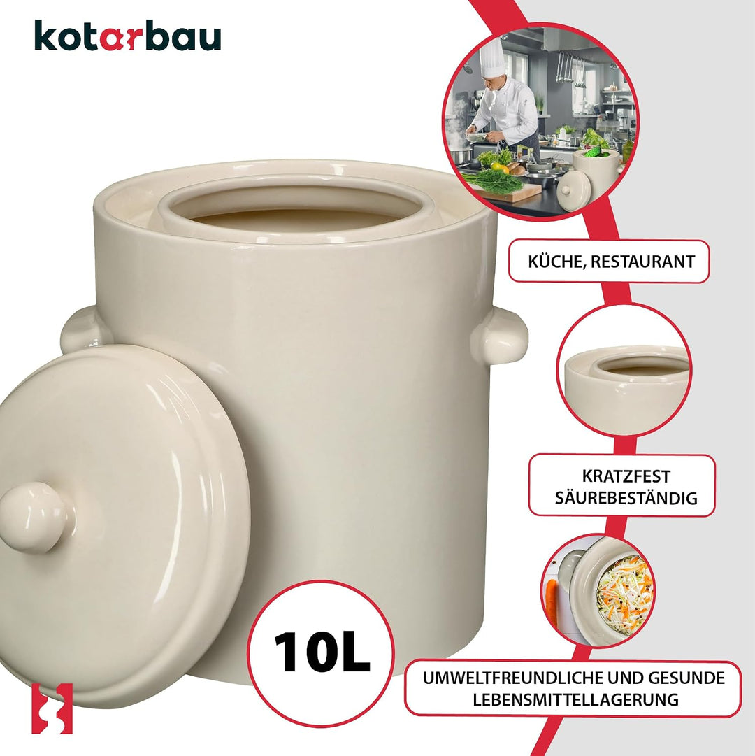 KOTARBAU® Sauerkraut Gärtopf Sauerkrauttopf 10L Tontopf mit Deckel Steinguttopf Fermentieren Dauerkr
