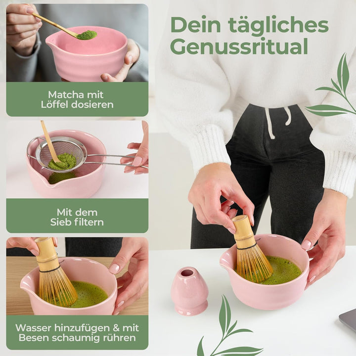 comforder Matcha Set mit Besen – Komplett mit Matchaschale mit Ausgiesser, Chasen, Halter, Löffel un