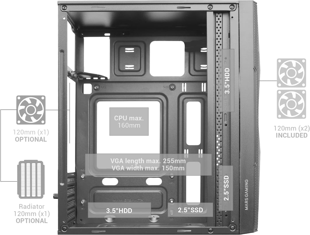 Mars Gaming MC-ME Schwarz, Kompaktes MicroATX-Gaming-Gehäuse, Seitenfenster aus Gehärtetem Glas, Geo